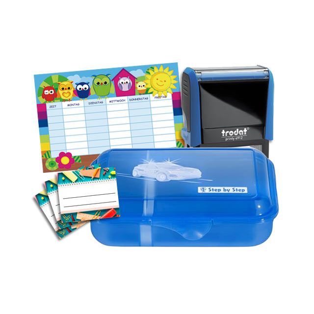 Schulbox Sport mit Brotbox-Motiv Polizeiauto und Trodat Printy  BLAU